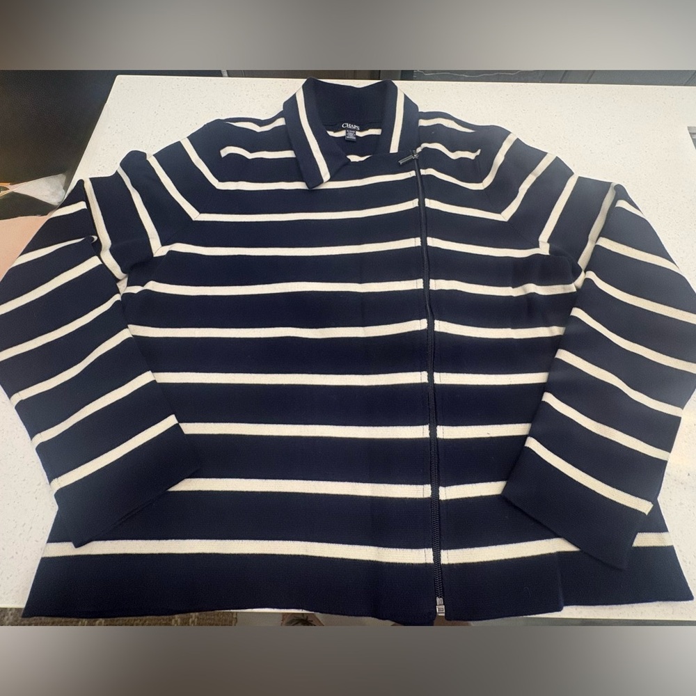 Women’s Chaps Navy and White Nautical Knit Jacket Asymmetrical Zip Front  B#1